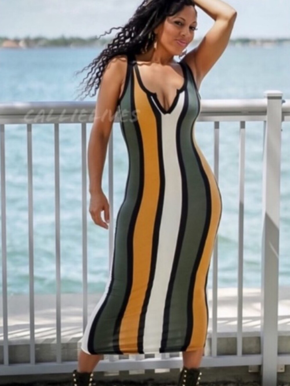 Callie Lives Vertical Stripe V-Neck Maxi Dress in Olive, Mustard & Cream NWOT